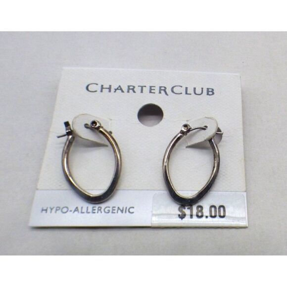 Charter Club 1" Silver Tone Flat Oval Hoop Hypo-Allergenic Earrings - Picture 2 of 5